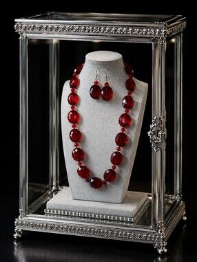 Red Siam Glass Faceted Necklace and Earrings Silver Tone Lifesaver Clasp Heavy